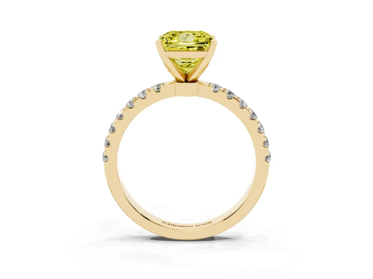 Fancy Yellow Princess Cut Diamond Solitaire Ring with Pavé Accents and Four-Prong Setting Yellow gold