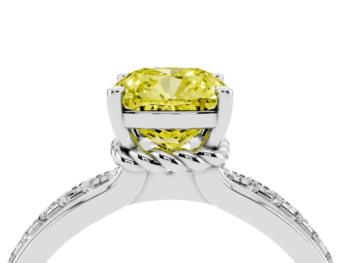 Fancy Yellow Cushion Cut Solitaire Diamond Ring with Channel Set Band and Six-Prong Setting Platinum