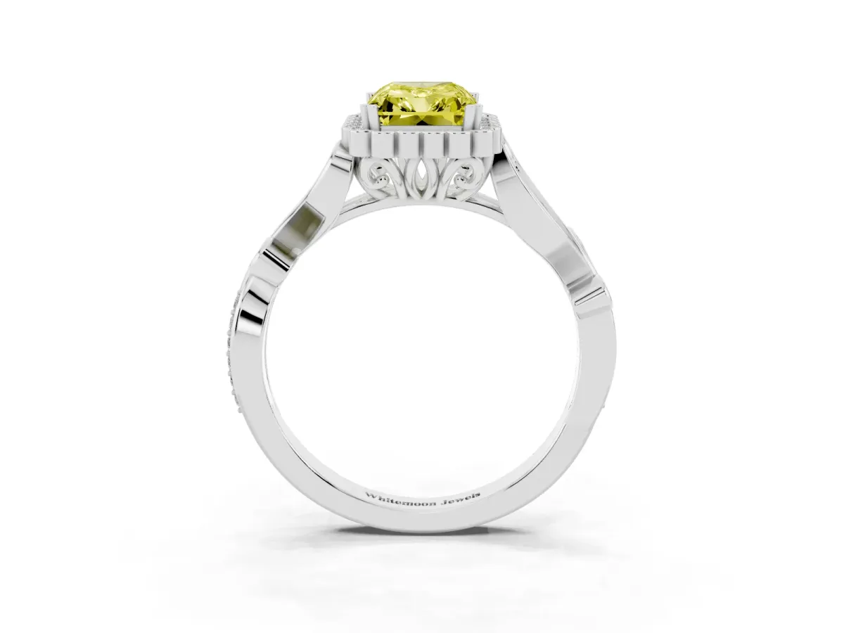 Fancy Yellow Radiant Cut Diamond Halo Ring with Vintage Split Shank and Four-Prong Setting Silver