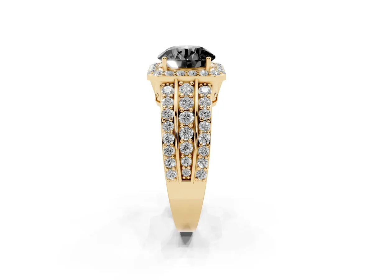 Fancy Black Round Cut Halo Diamond Ring with Round Split Shank and Prong Setting Yellow gold