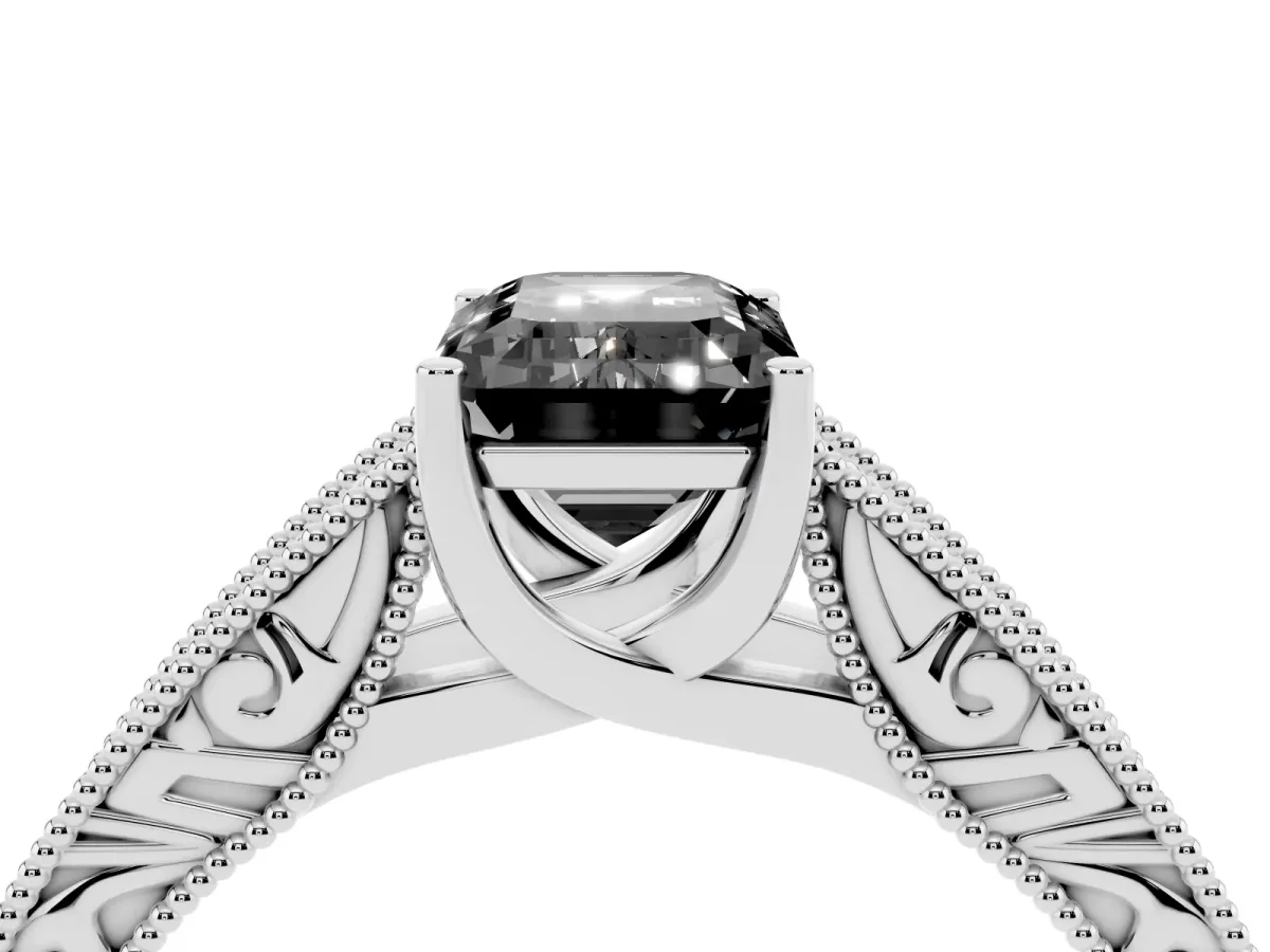 Fancy Black Emerald Cut Diamond Solitaire Ring with Engraved Band and Four-Prong Setting White gold