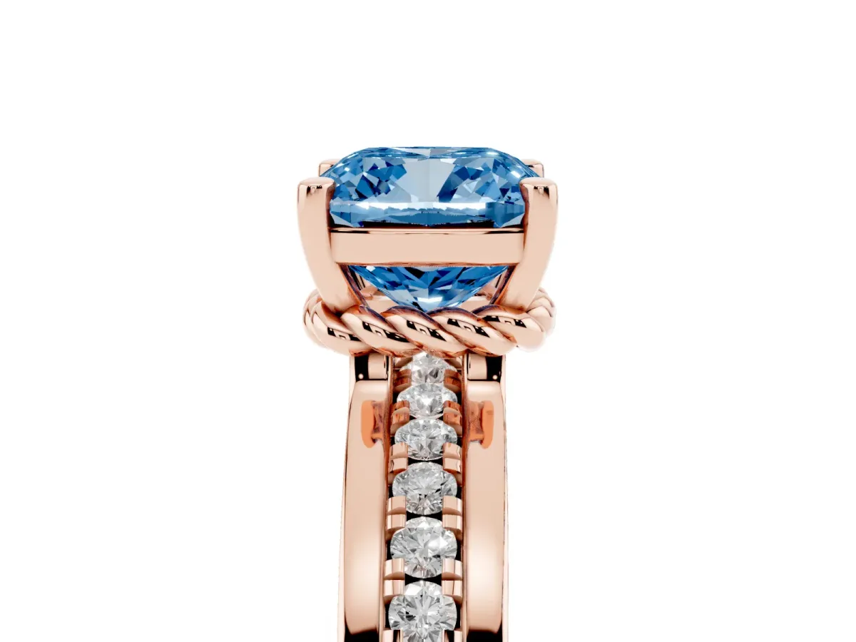 Fancy Blue Cushion Cut Solitaire Diamond Ring with Channel Set Band and Six-Prong Setting Rose gold