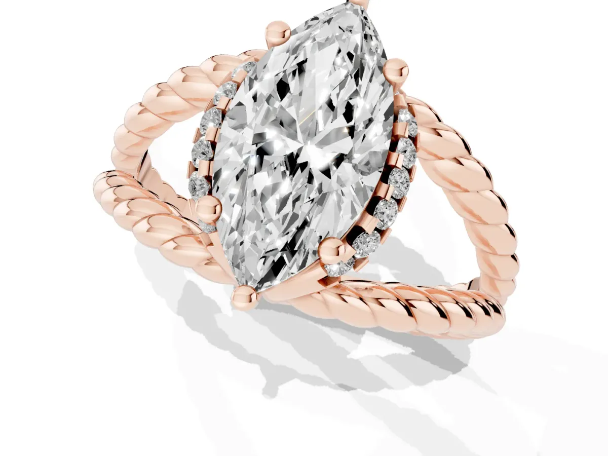 Marquise Cut Halo Twisted Band Four-Prong Ring Rose gold