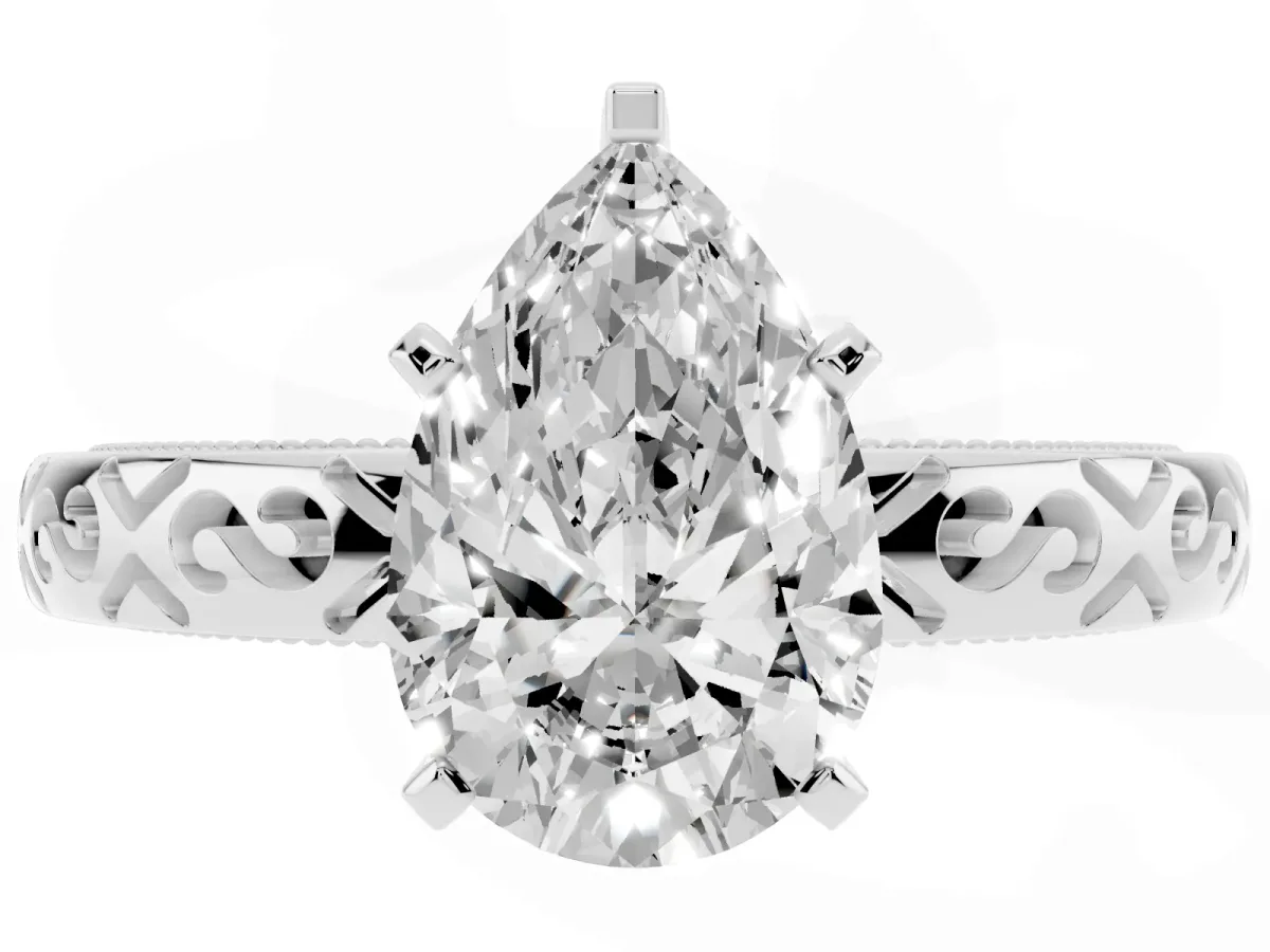 Pear Cut Solitaire Engagement Ring with Scrollwork Band and Four-Prong Setting White gold