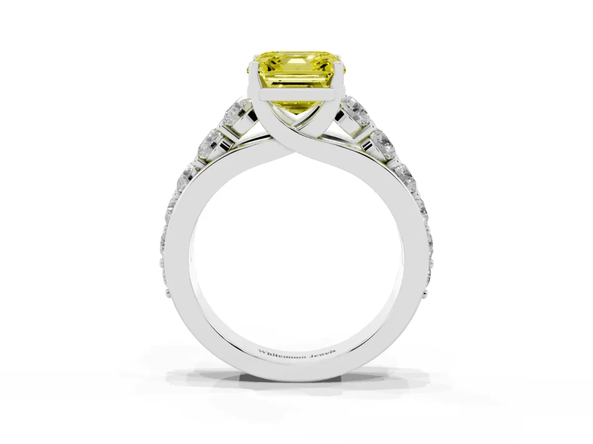 Fancy Yellow Asscher Cut Diamond Engagement Ring with Pavé Band and Four-Prong Setting Silver
