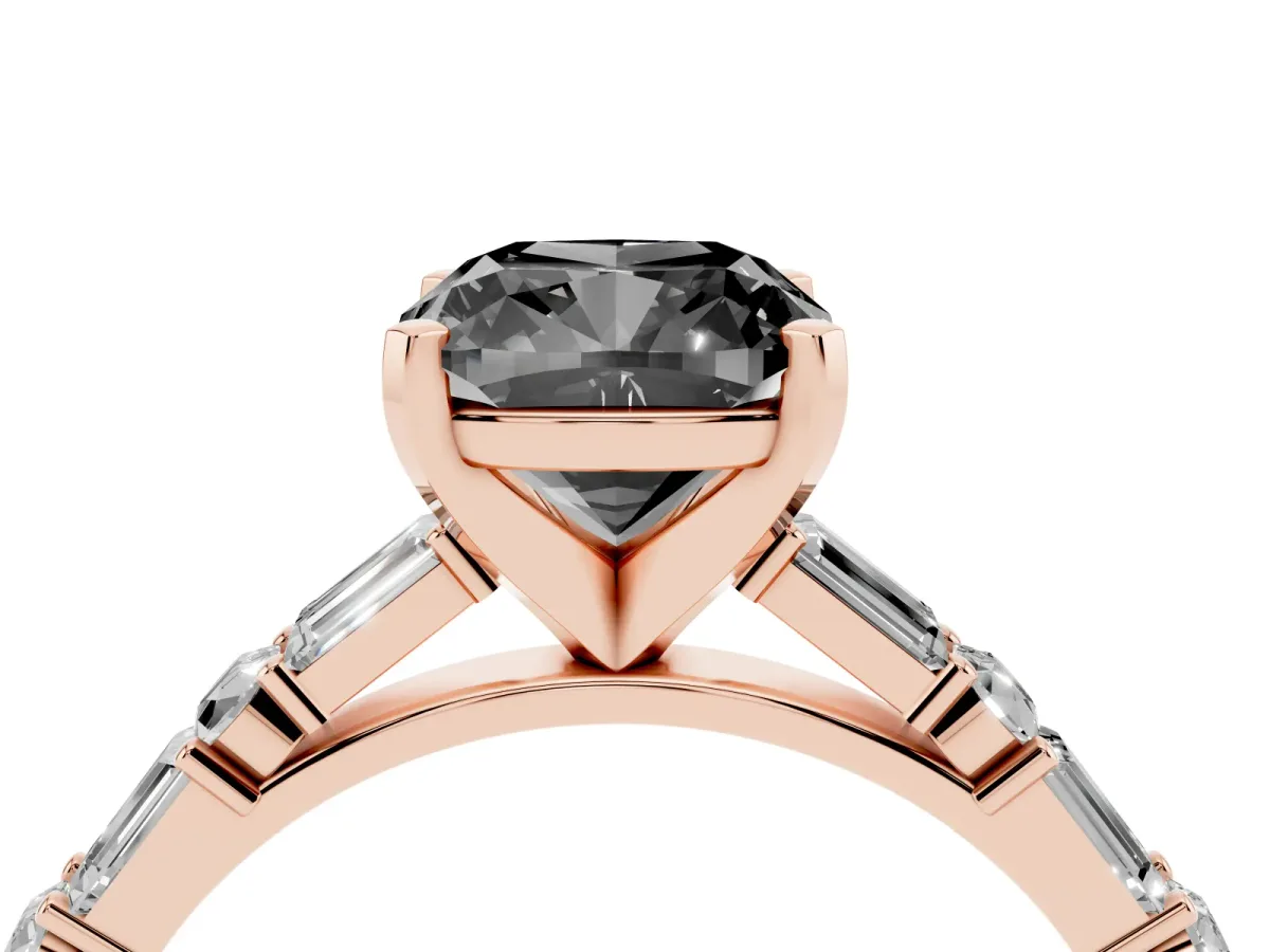 Fancy Black Cushion Cut Diamond Solitaire with Side Baguettes and Channel Set Band Rose gold