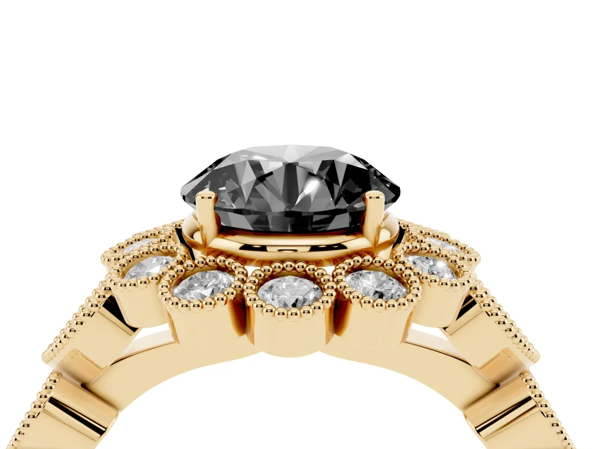 Fancy Black Round Cut Brilliant Milgrain Pave Heart Band Solitaire Ring Yellow gold