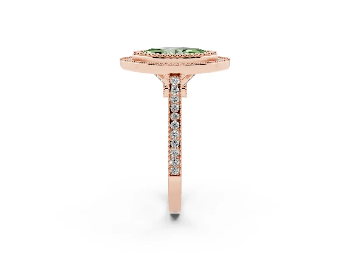 Fancy Green Marquise Cut Diamond Halo Ring with Milgrain Frame and Pavé Band Rose gold