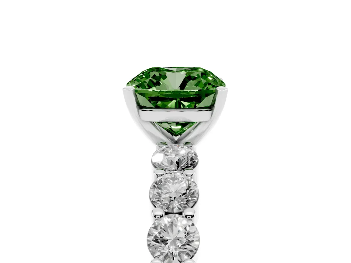 Fancy Green Cushion Cut Diamond Solitaire Ring with Shared Prong Round Side Stones Silver