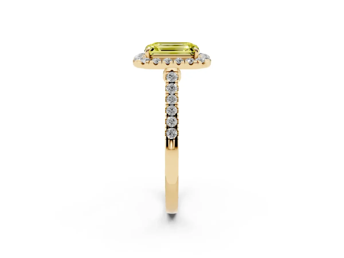 Fancy Yellow Emerald Cut Halo Pave Diamond Engagement Ring with Four-Prong Setting Yellow gold
