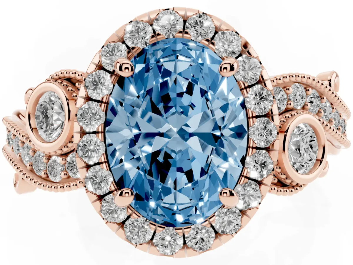 Fancy Blue Oval Cut Diamond Halo Ring with Milgrain Pavé Band and Four-Prong Setting Rose gold