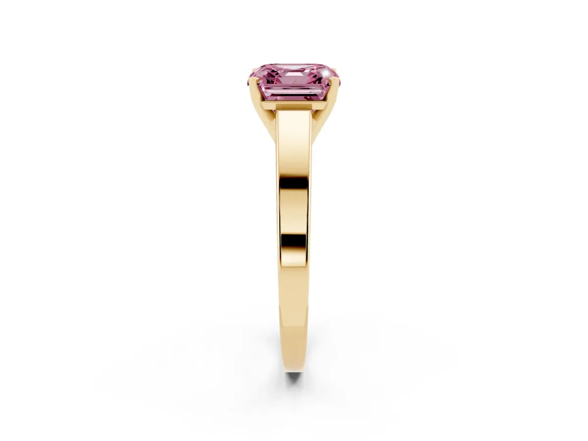 Fancy Pink Asscher Cut Solitaire Engagement Ring with Four-Prong Setting and Tapered Band Yellow gold
