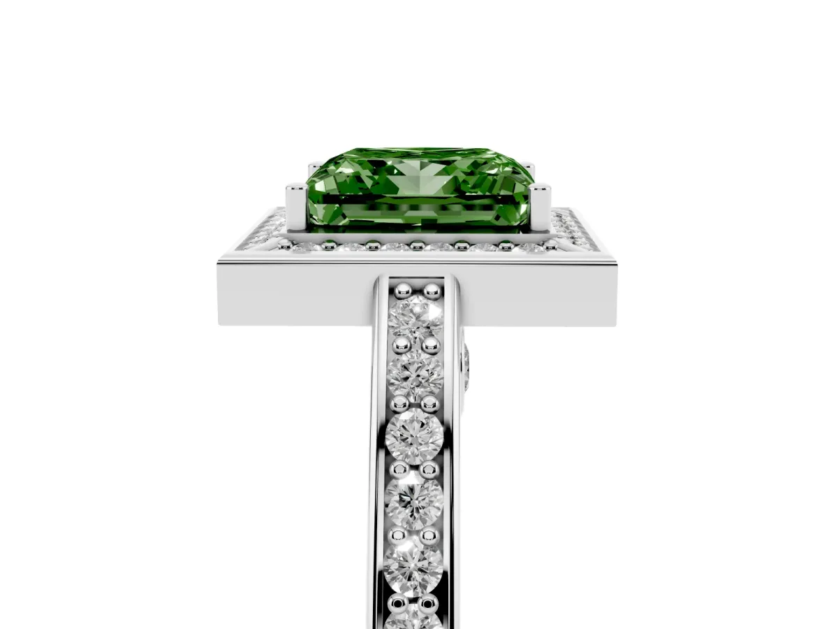 Fancy Green Princess Cut Cut Halo Pave Split Shank Prong Setting Ring Platinum
