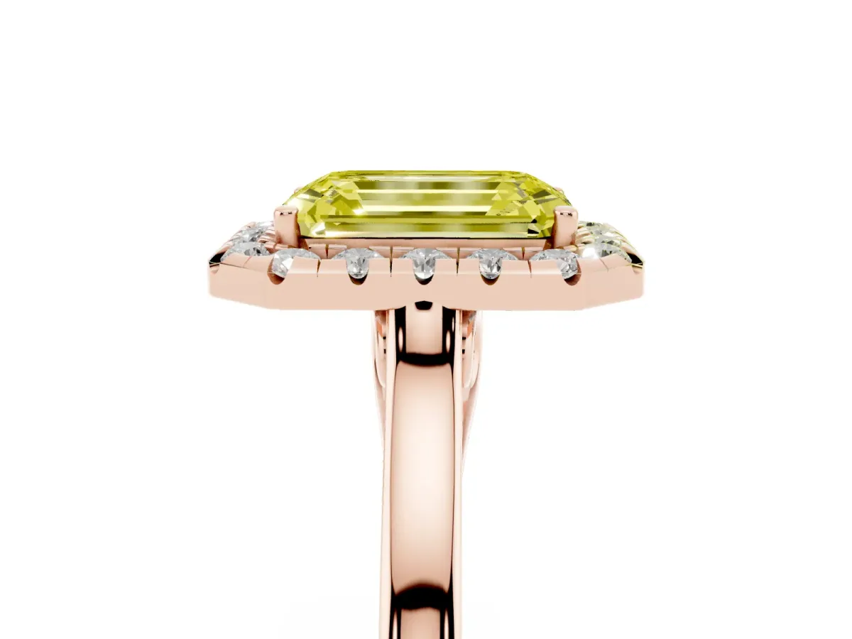 Fancy Yellow Emerald Cut Halo Round Diamond Solitaire Ring with Pavé Band and Four-Prong Setting Rose gold