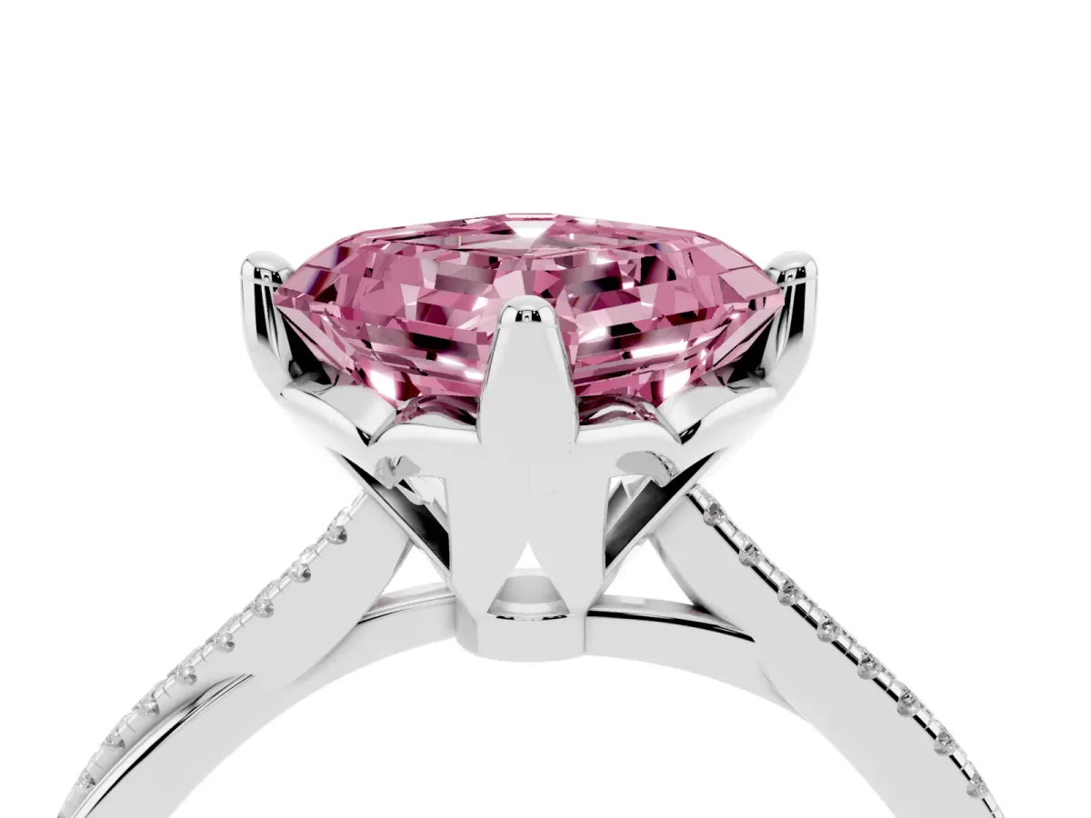 Fancy Pink Asscher Cut Solitaire Twist Band with Pavé Diamonds and Four-Prong Setting White gold