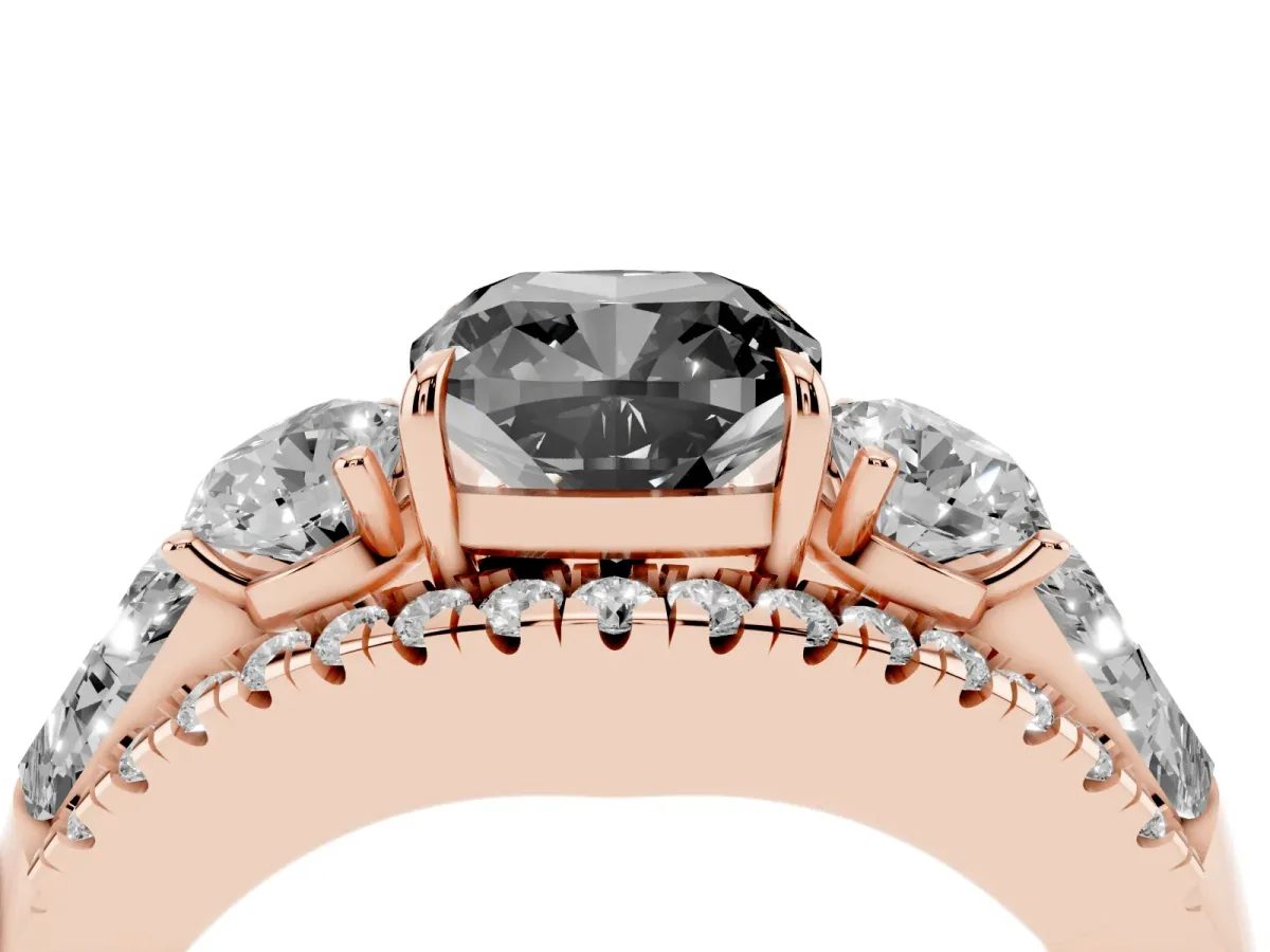 Fancy Black Three-Stone Cushion Cut Diamond Engagement Ring with Pave Band and Prong Setting Rose gold