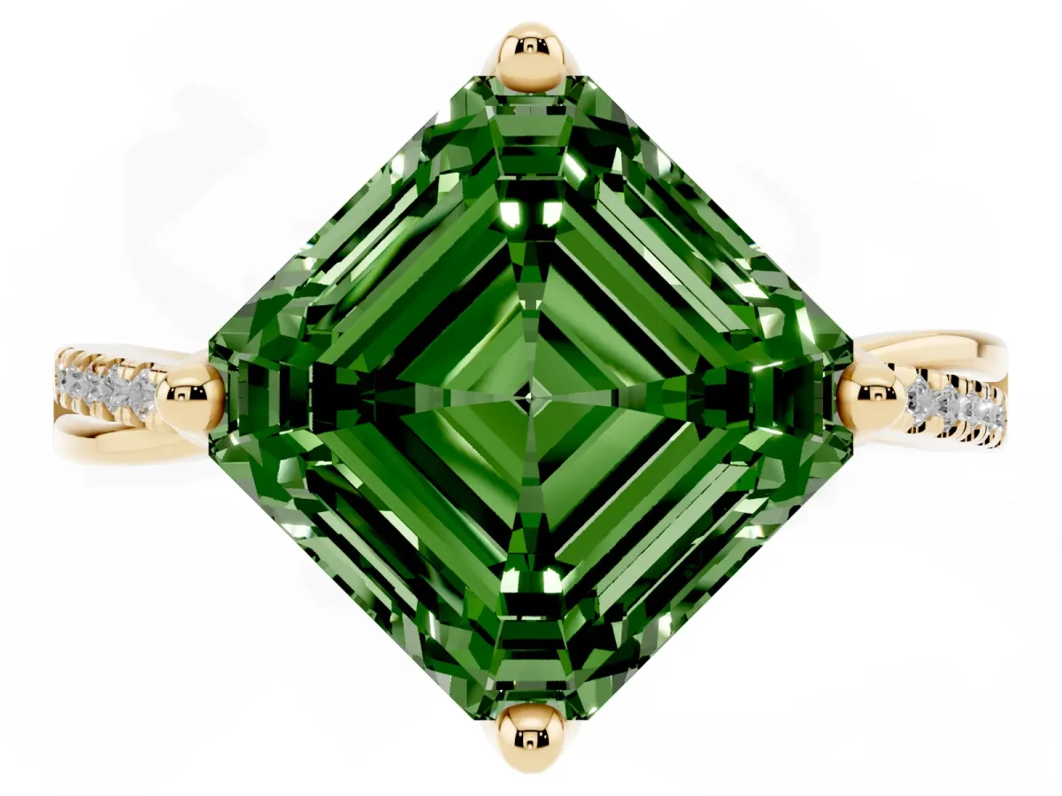 Fancy Green Asscher Cut Solitaire Twist Band with Pavé Diamonds and Four-Prong Setting Yellow gold