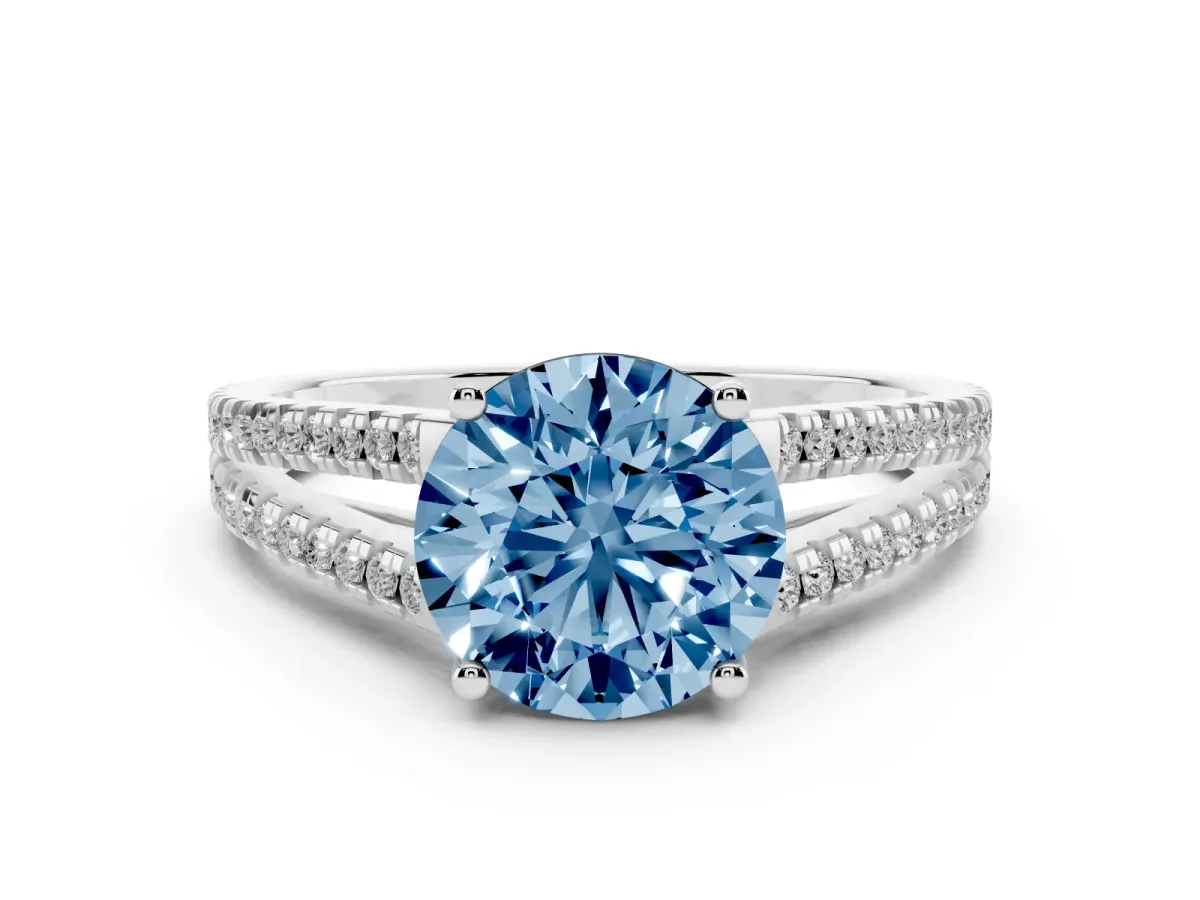 Fancy Blue Round Cut Diamond Solitaire Engagement Ring with Split Shank Pavé Band Platinum