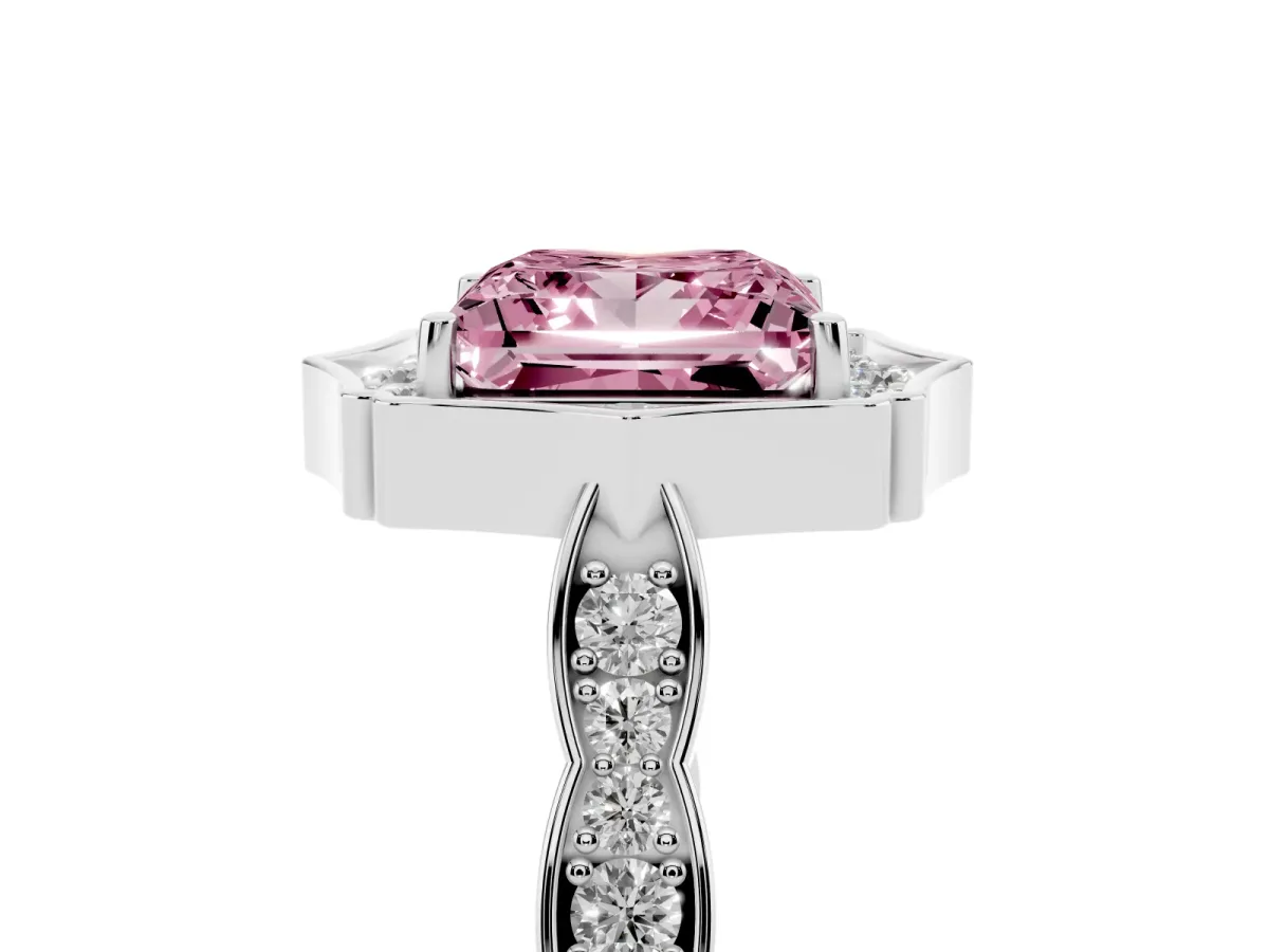Fancy Pink Princess Cut Halo Diamond Engagement Ring with Milgrain Band and Four-Prong Setting Silver