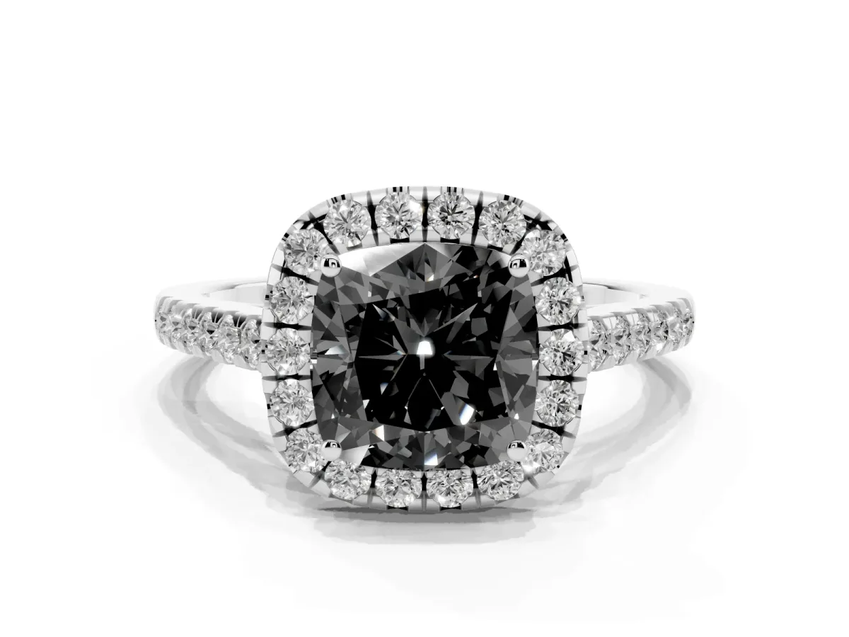 Fancy Black Cushion Cut Halo Pave Diamond Engagement Ring with Four-Prong Setting Silver