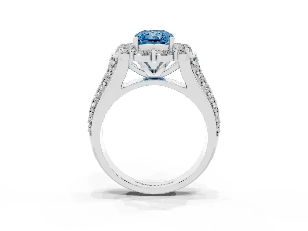 Fancy Blue Radiant Cut Halo Diamond Engagement Ring with Split Shank and Prong Setting Silver