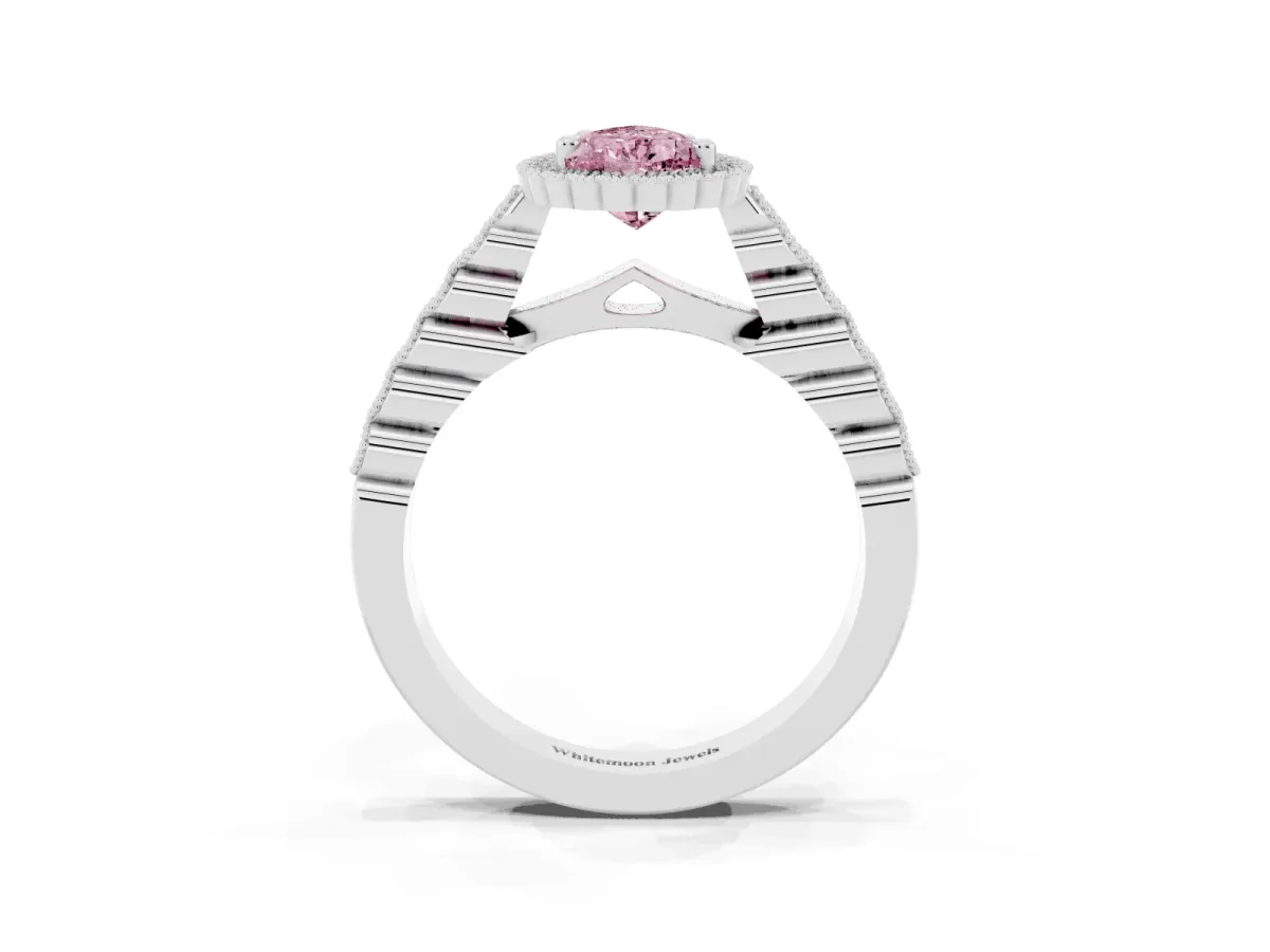 Fancy Pink Pear Cut Cut Halo Pavé Solitaire Ring with Milgrain Band Platinum