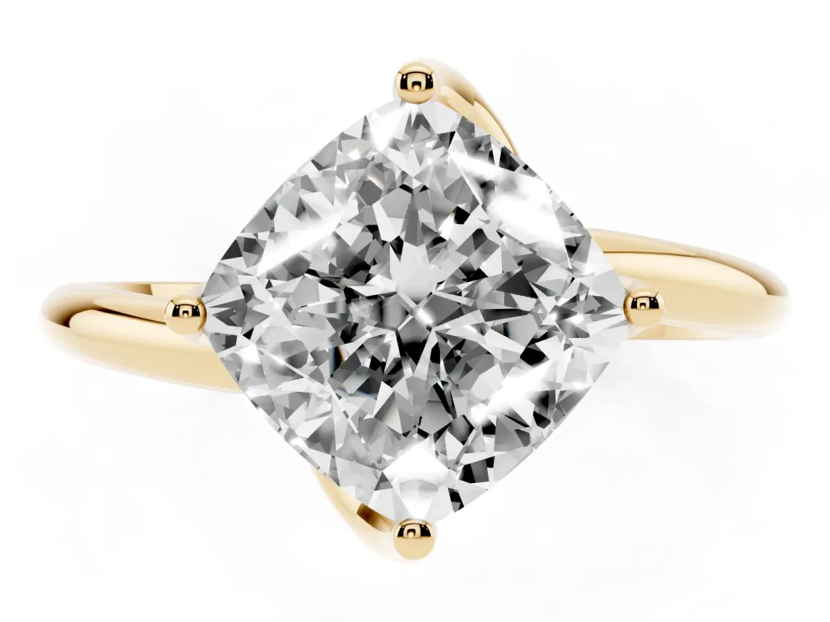 Cushion Cut Diamond Solitaire Engagement Ring with Four-Prong Setting and Classic Band Yellow gold