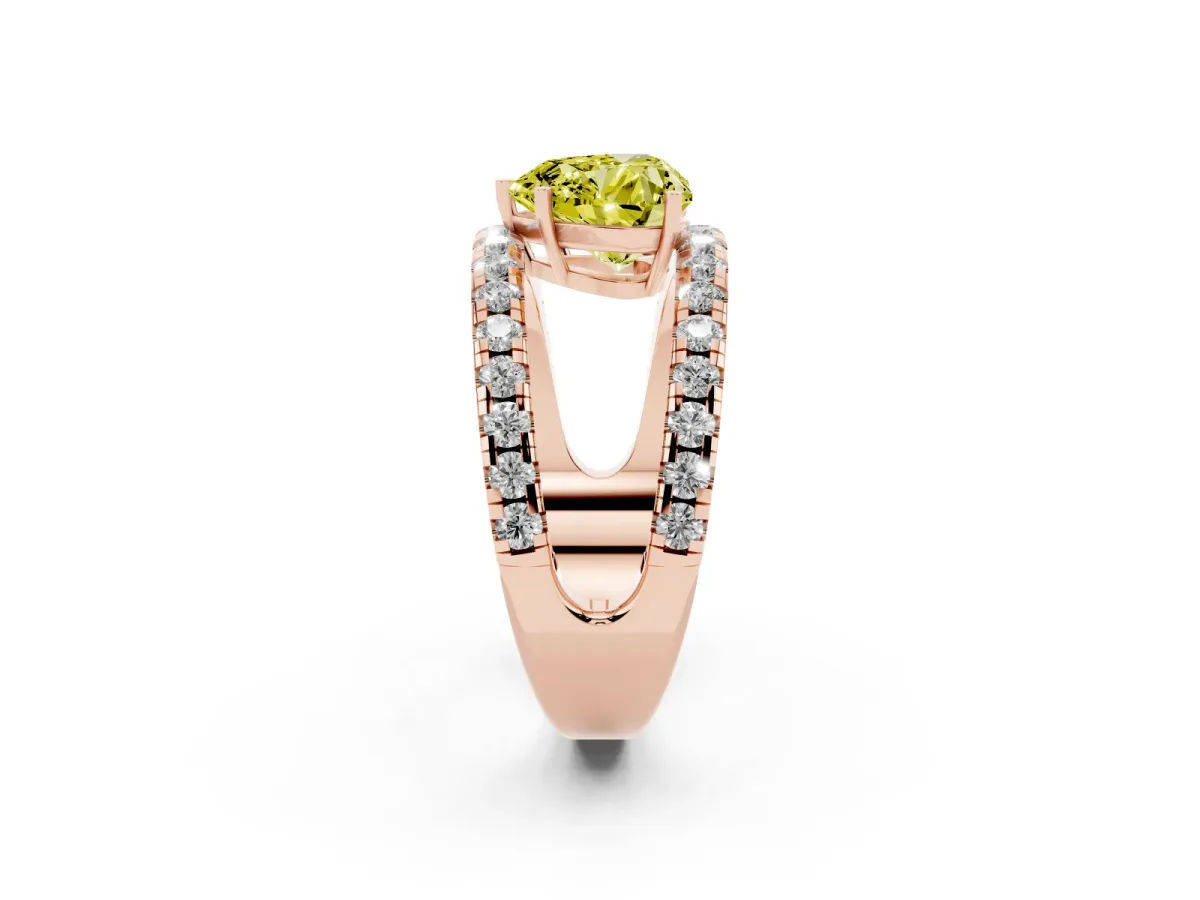 Fancy Yellow Heart Cut Solitaire Split Shank Pave Diamond Ring Rose gold