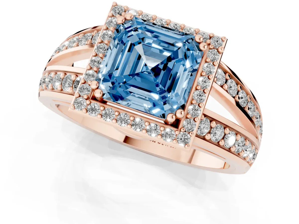 Fancy Blue Asscher Cut Diamond Halo Ring with Split Shank Pavé Band and Four-Prong Setting Rose gold