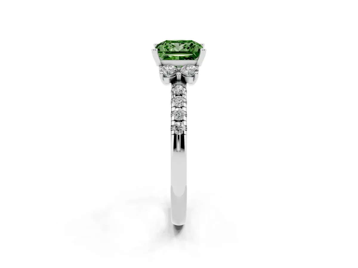 Fancy Green Princess Cut Diamond Three-Stone Pave Band with Four-Prong Setting Silver