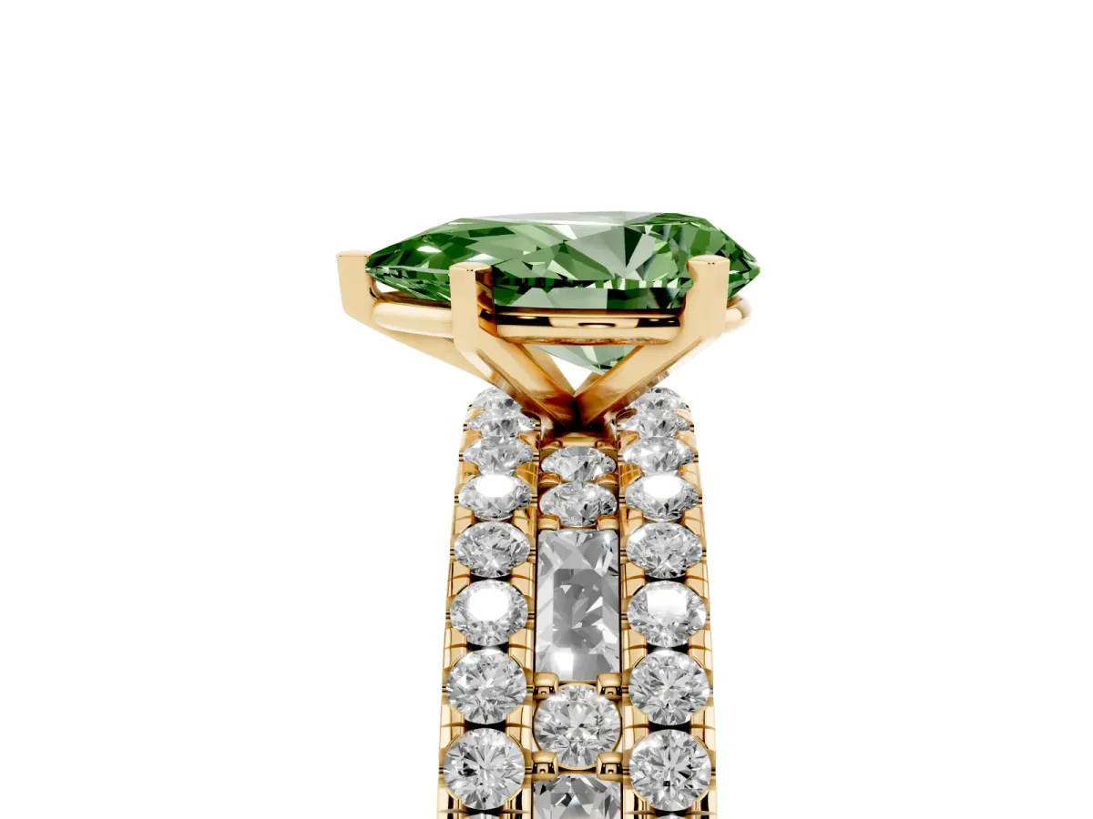 Fancy Green Pear Cut Diamond Solitaire Ring with Pavé and Channel Set Band Yellow gold