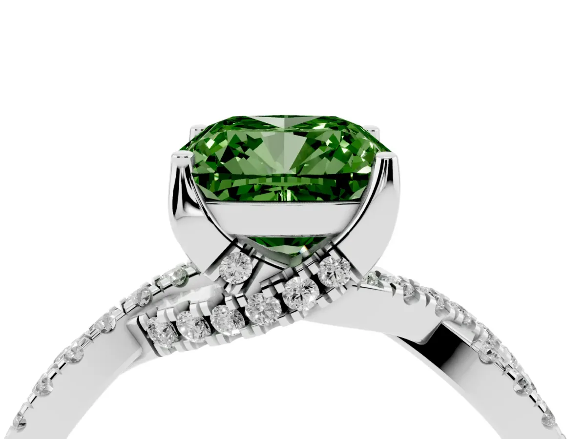 Fancy Green Cushion Cut Solitaire Twist Pave Diamond Engagement Ring with Prong Setting Silver