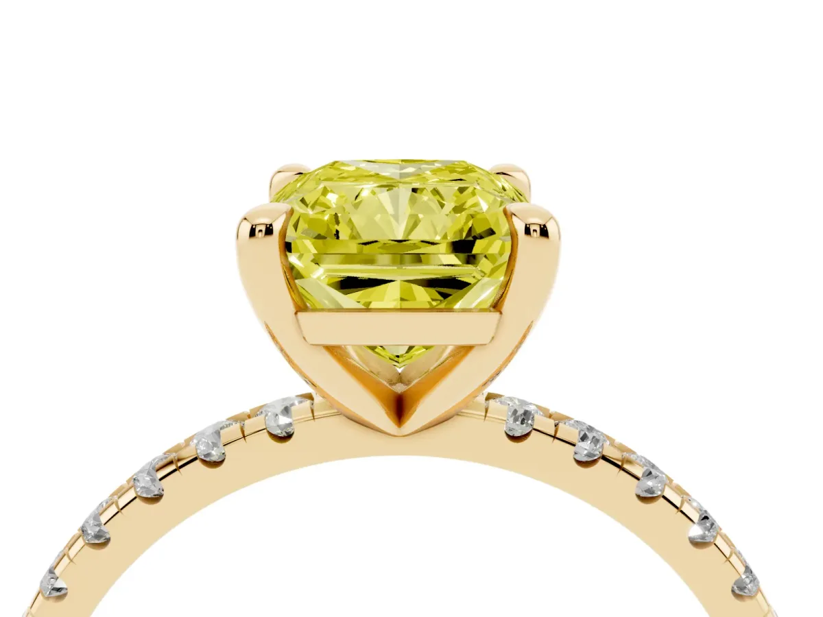 Fancy Yellow Radiant Cut Diamond Brilliant Solitaire Ring with Pavé Band and Four-Prong Setting Yellow gold