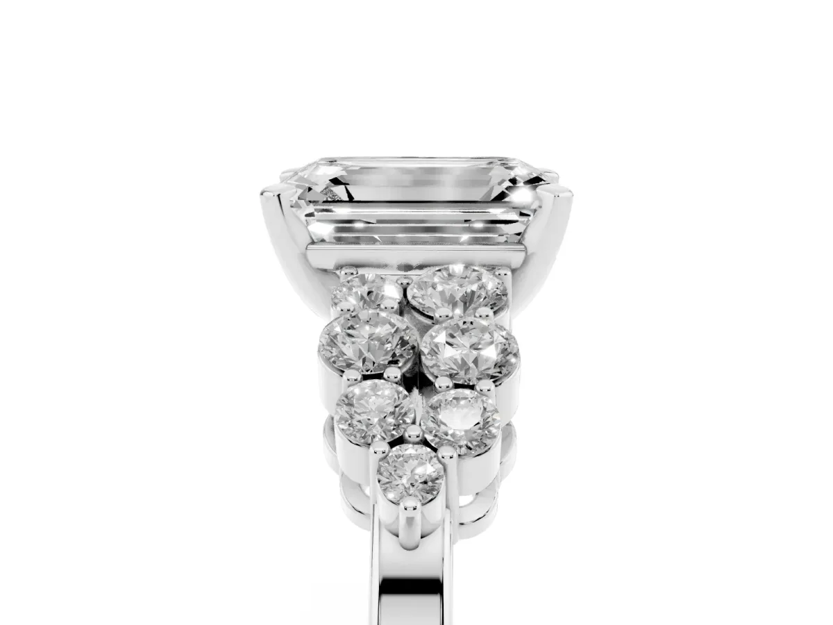 Emerald Cut Cluster Diamond Engagement Ring with Pavé Band and Four-Prong Setting Silver
