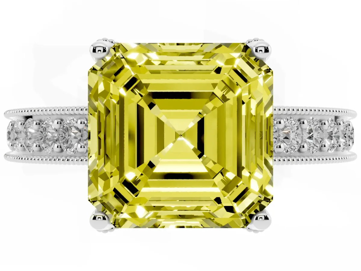 Fancy Yellow Asscher Cut Cut Diamond Solitaire Ring with Milgrain Pave Band and Four Prong Setting Silver