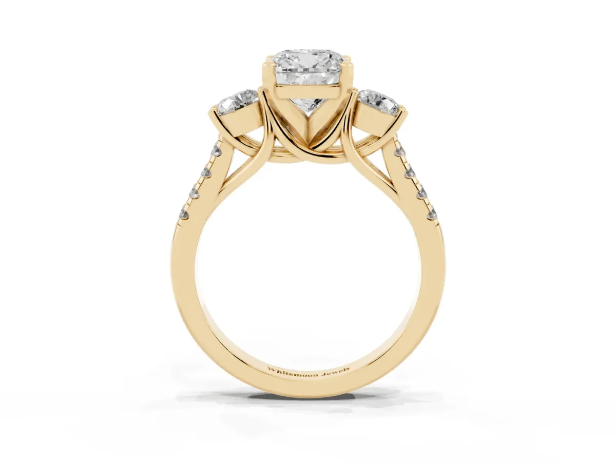 Three-Stone Cushion Cut Diamond Pavé Band with Four-Prong Setting Yellow gold