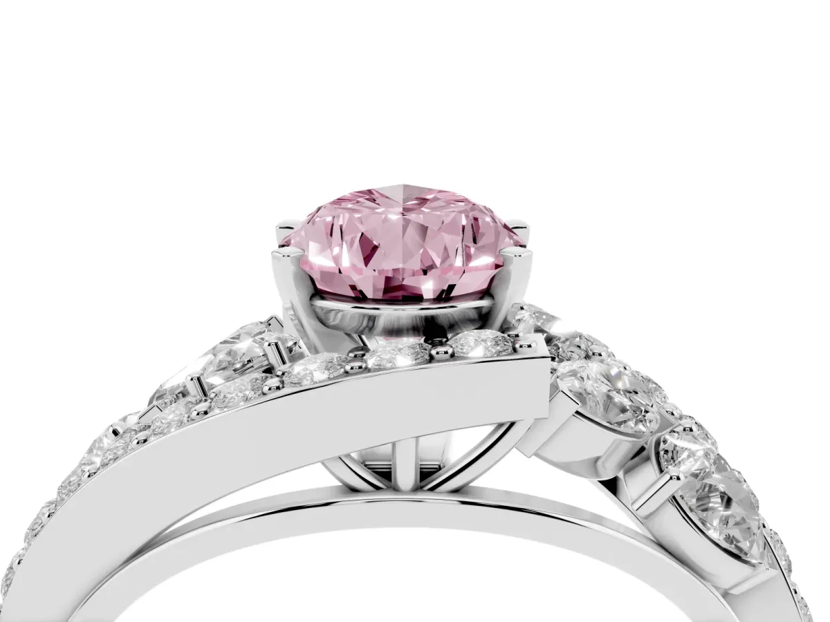 Fancy Pink Pear Cut Diamond Halo Ring with Marquise and Pavé Band in Prong Setting Platinum