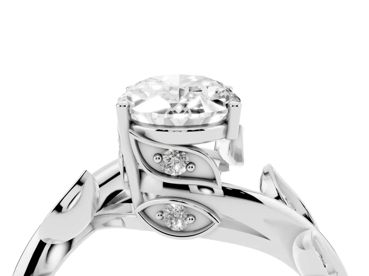 Oval Cut Solitaire Twist Engagement Ring with Leaf Accents and Prong Setting Silver