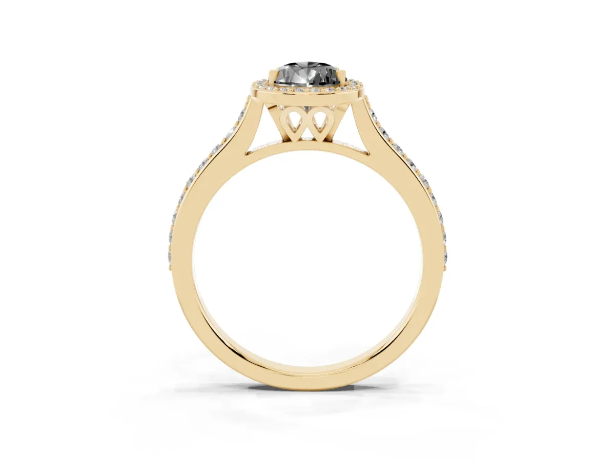 Fancy Black Pear Cut Diamond Halo Engagement Ring with Round Pavé Shoulders and Prong Setting Yellow gold