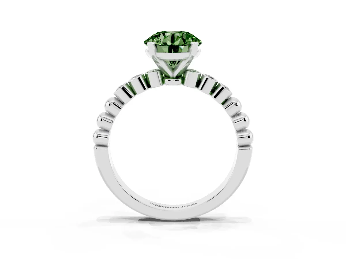 Fancy Green Round Cut Solitaire Bezel Accent Diamond Engagement Ring with Beaded Band and Four-Prong Setting Silver