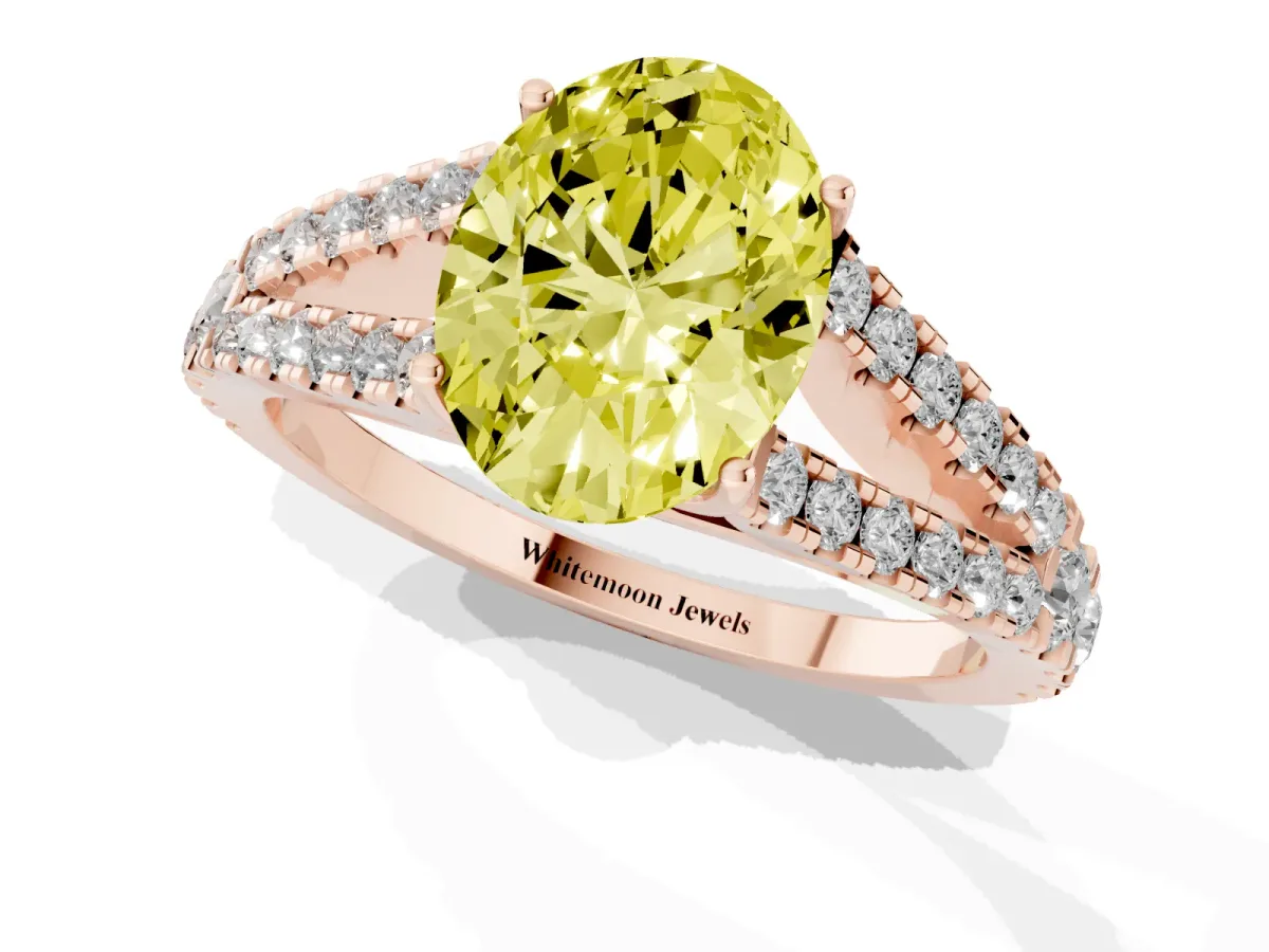 Fancy Yellow Oval Cut Diamond Split Shank Pavé Engagement Ring with Four-Prong Setting Rose gold
