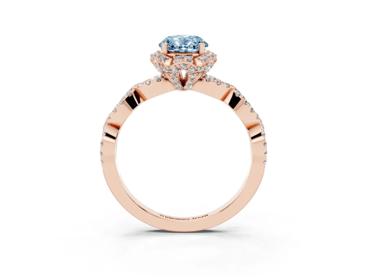 Fancy Blue Oval Cut Halo Twist Band Solitaire Ring with Six-Prong Setting Rose gold