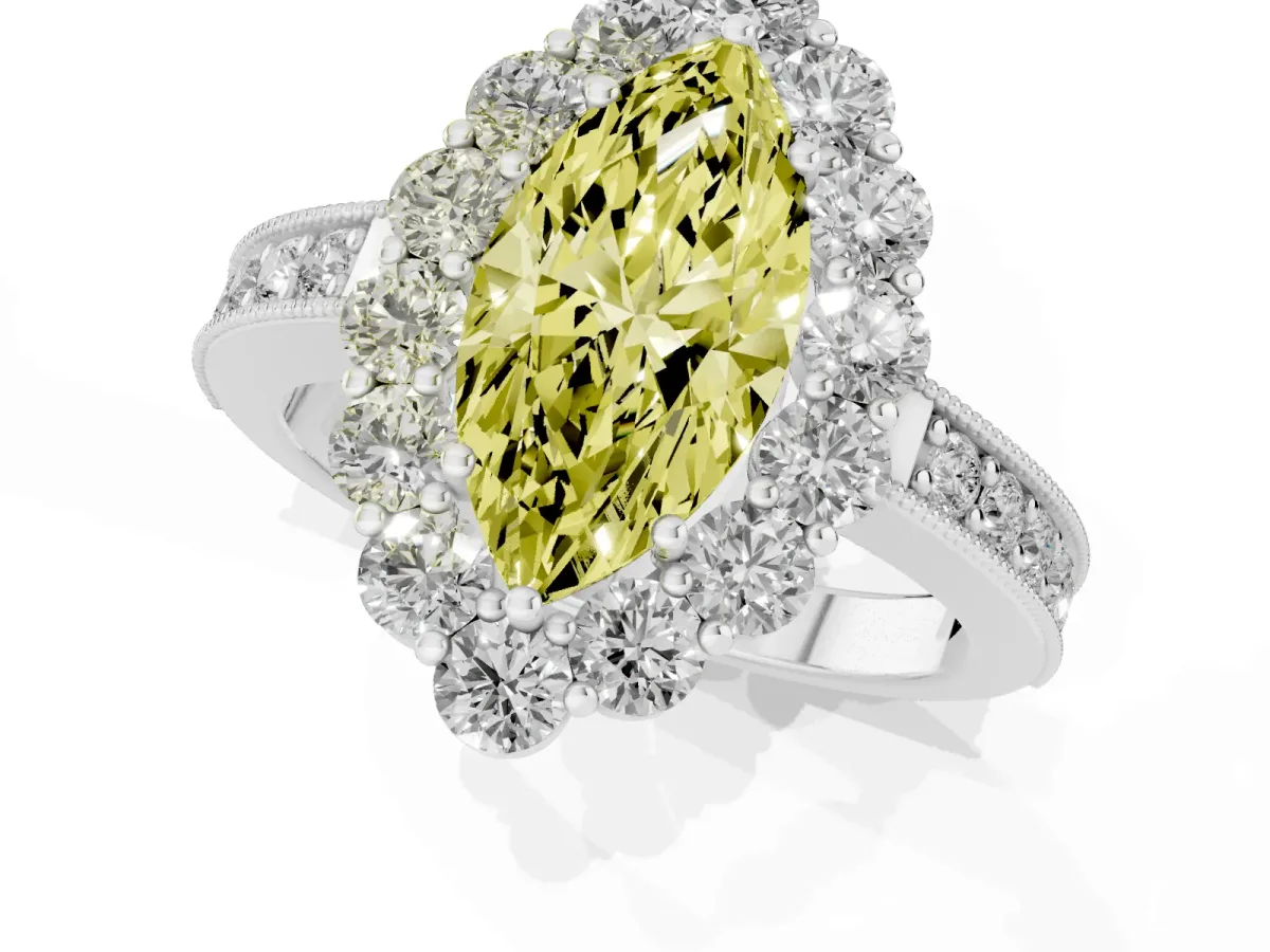 Fancy Yellow Marquise Cut Cut Halo Diamond Pavé Engagement Ring with Milgrain Detailing White gold