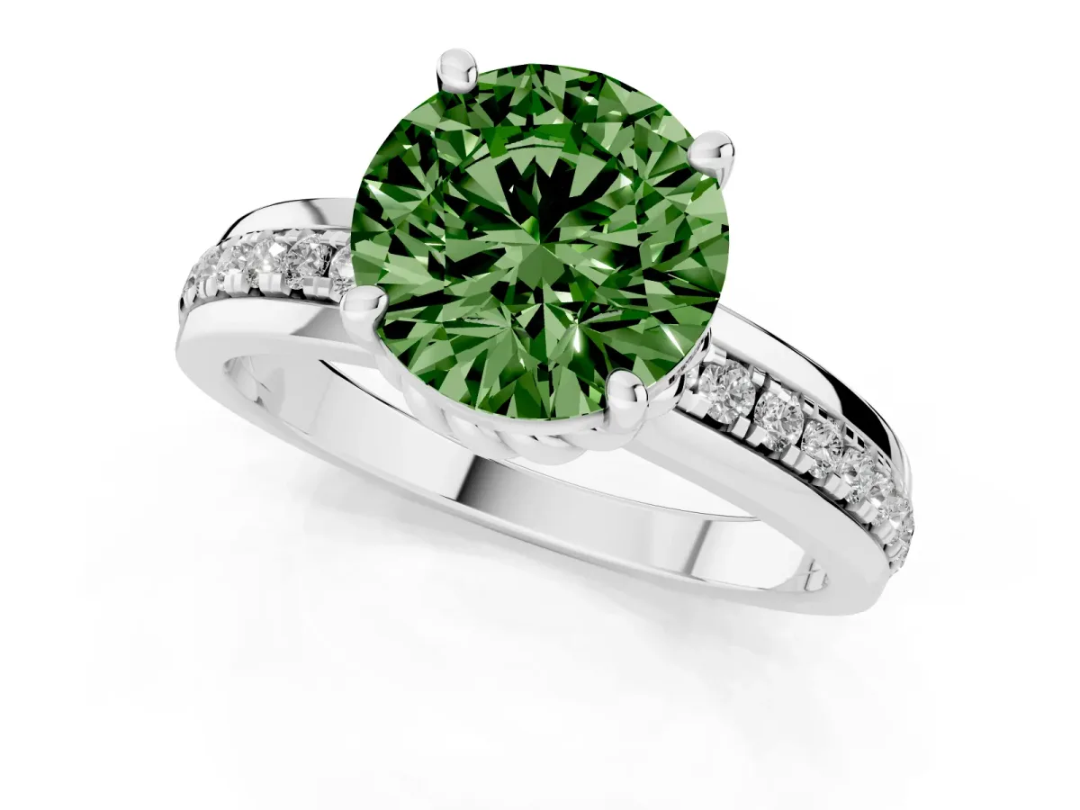 Fancy Green Round Cut Solitaire Diamond Ring with Channel Set Band and Six-Prong Setting Silver