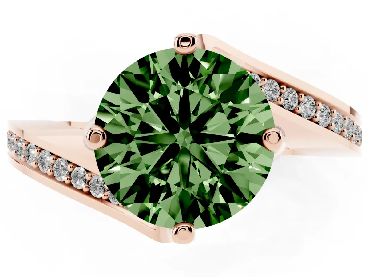 Fancy Green Round Cut Solitaire Diamond Twist Band with Pavé Setting and Four-Prong Setting Rose gold