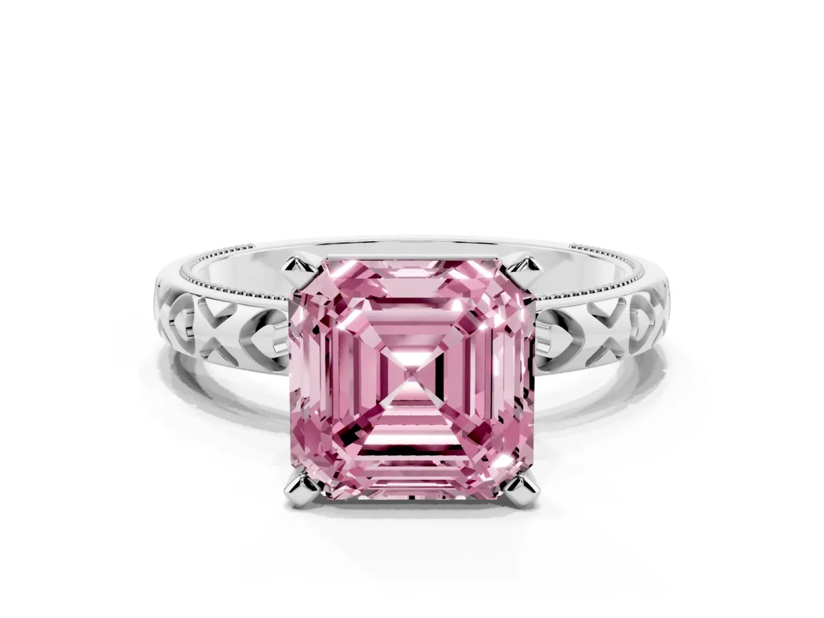 Fancy Pink Asscher Cut Solitaire Diamond Engagement Ring with XO Engraved Band and Four-Prong Setting Platinum