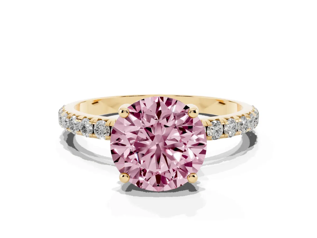 Fancy Pink Round Cut Cut Diamond Solitaire Ring with Micro Pave Band and Four Prong Setting Yellow gold