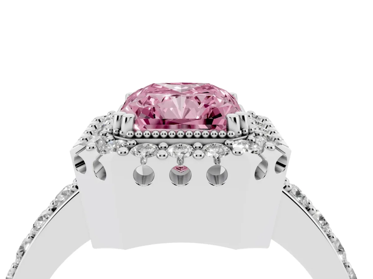 Fancy Pink Radiant Cut Diamond Halo Ring with Pavé Band and Prong Setting Silver