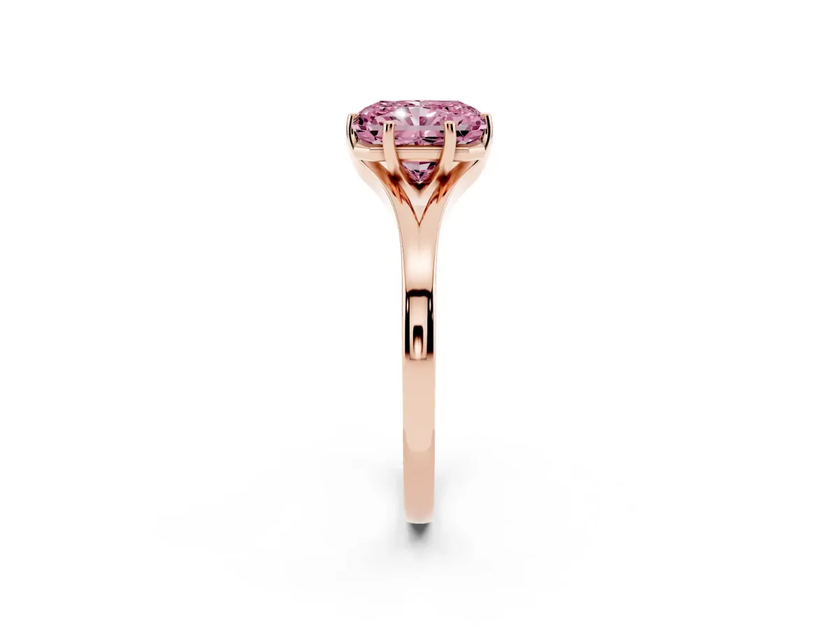 Fancy Pink Radiant Cut Solitaire Diamond Ring with Six-Prong Setting and Tapered Band Rose gold
