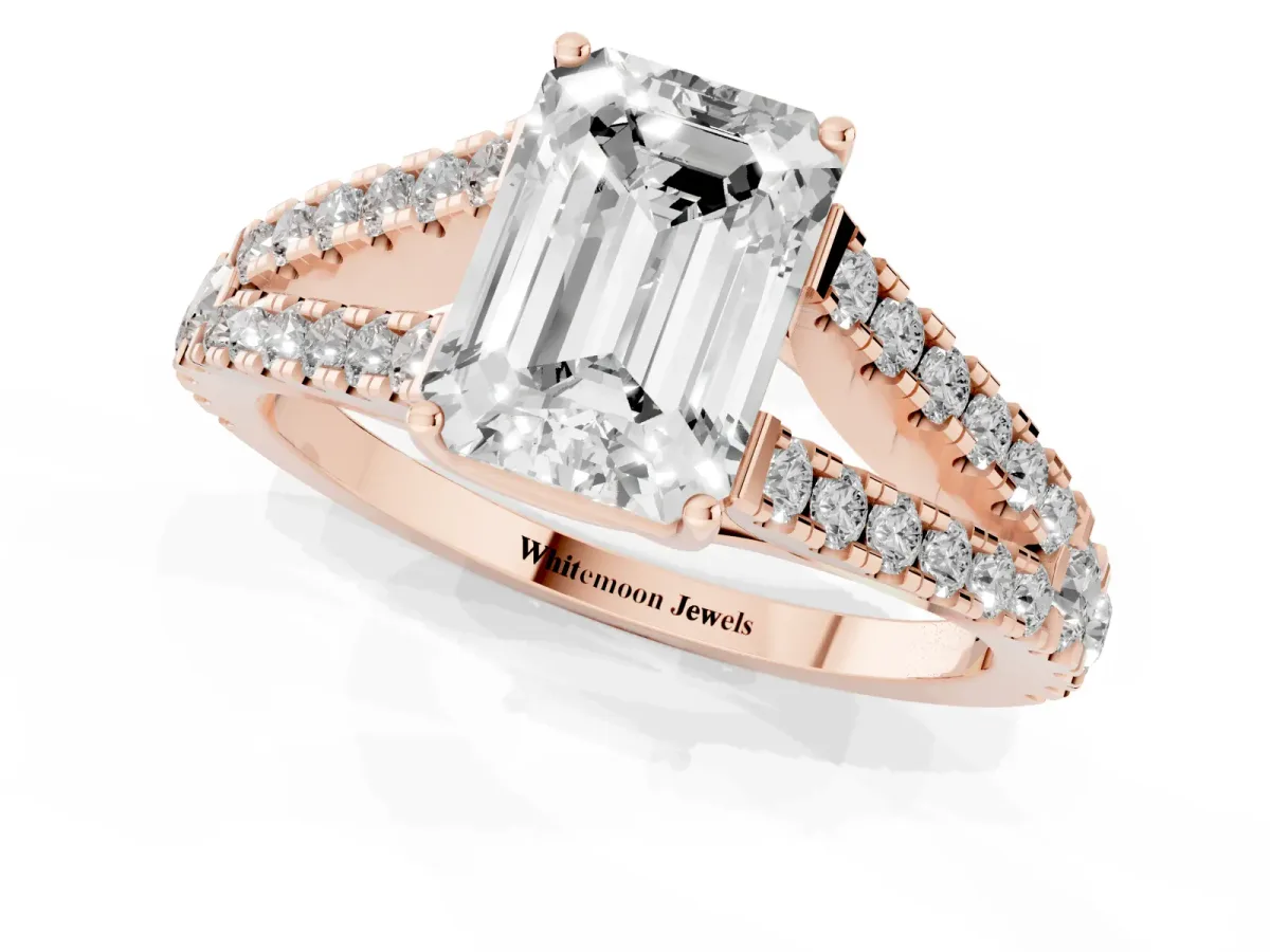 Emerald Cut Diamond Split Shank Pavé Engagement Ring with Four-Prong Setting Rose gold